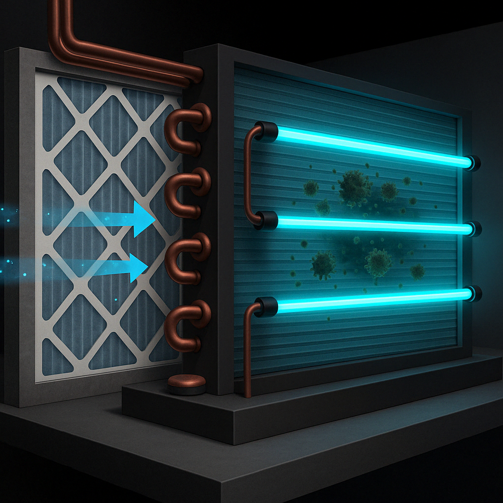 UV light air purification system installed in HVAC duct to remove mold and bacteria in Houston TX